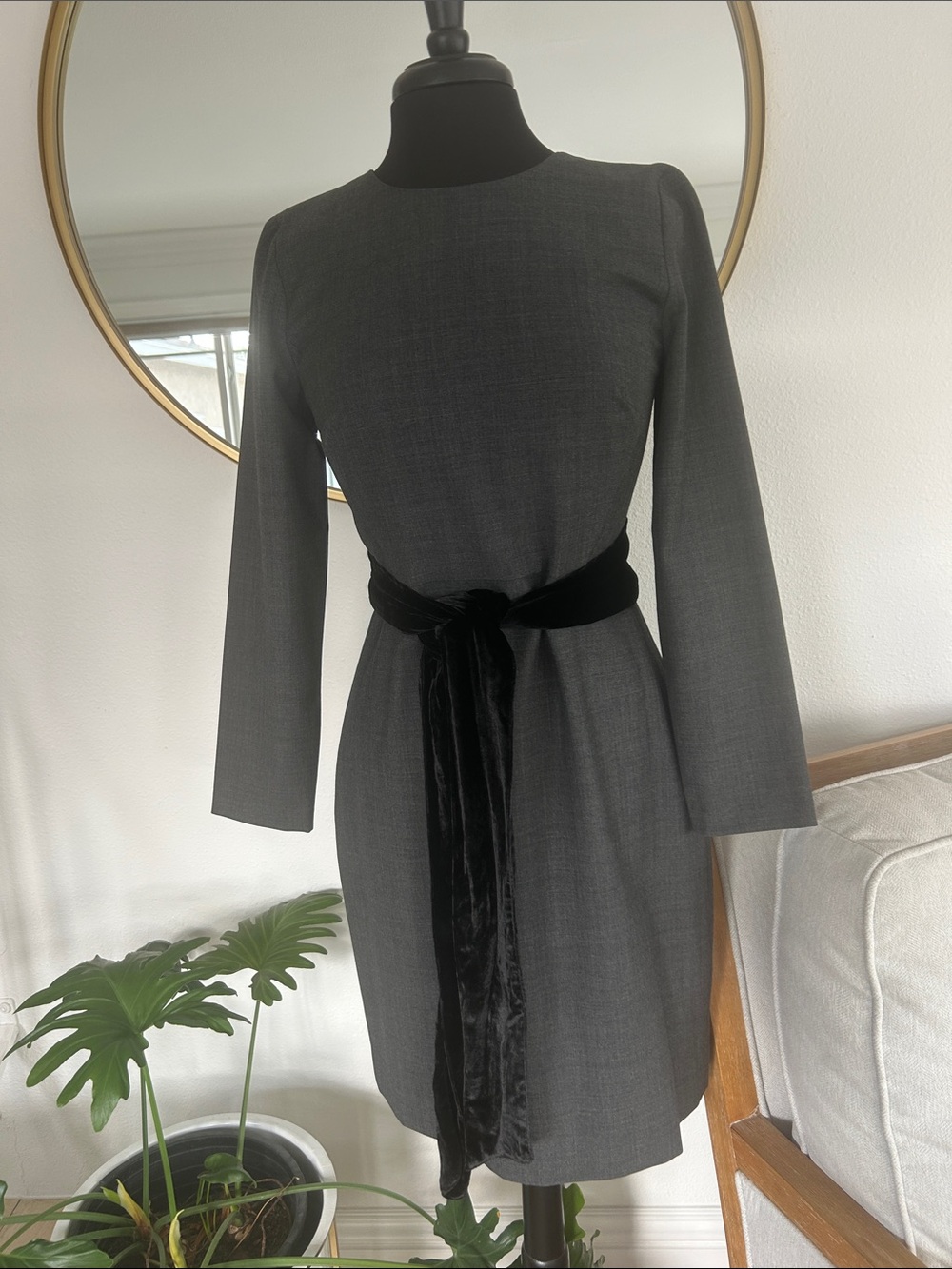 J. Crew Charcoal Grey Long-Sleeve Sheath Dress with Black Velvet Sash